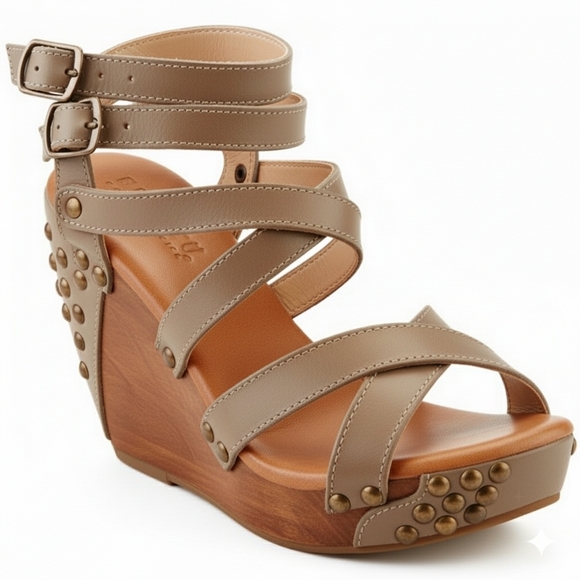 Bed Stu Shoes - 50) BED STU Studded Dark Taupe Leather Wooden Wedge Sandal Sz. 8 (Never Worn)